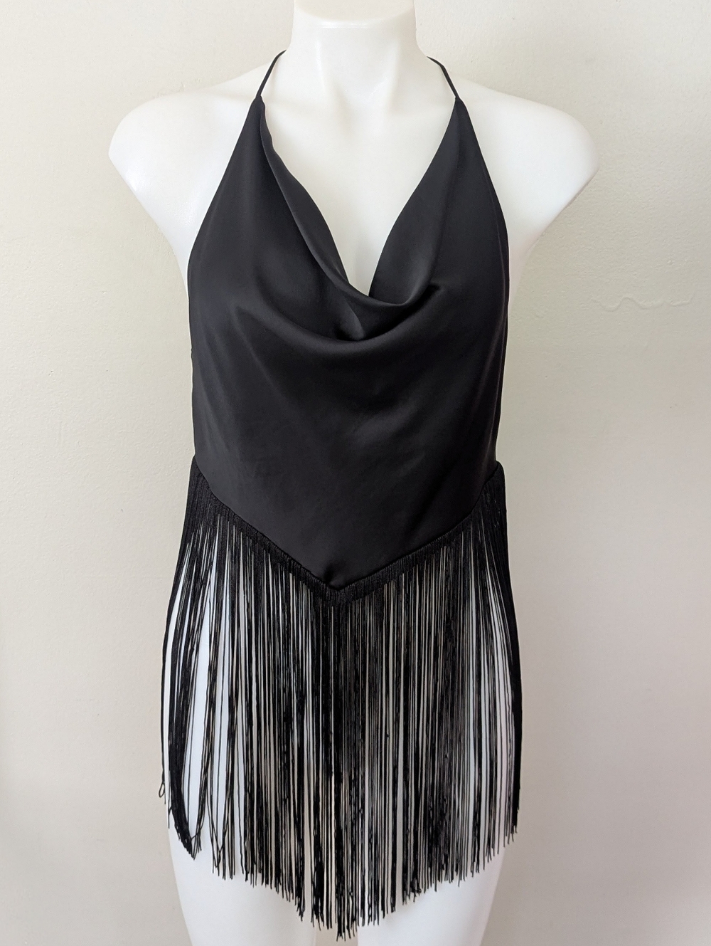 Zara Black Satin-Look Fringe Halter Top Small New